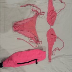Triangl Swimwear Pink Cup Style Velvet Bikini Set with Matching Waist Pouch